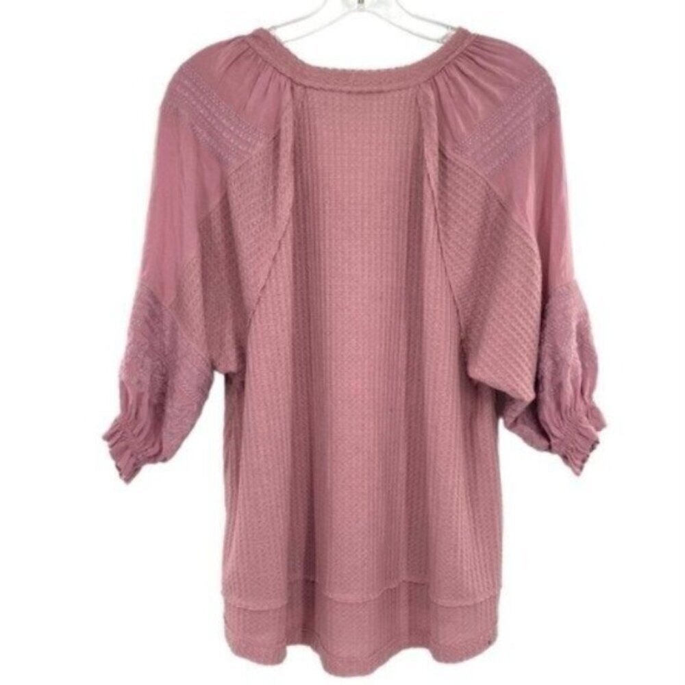 In Loom Waffle Knit Top Mauve Embroidered Puff Sleeve - Picture 6 of 9